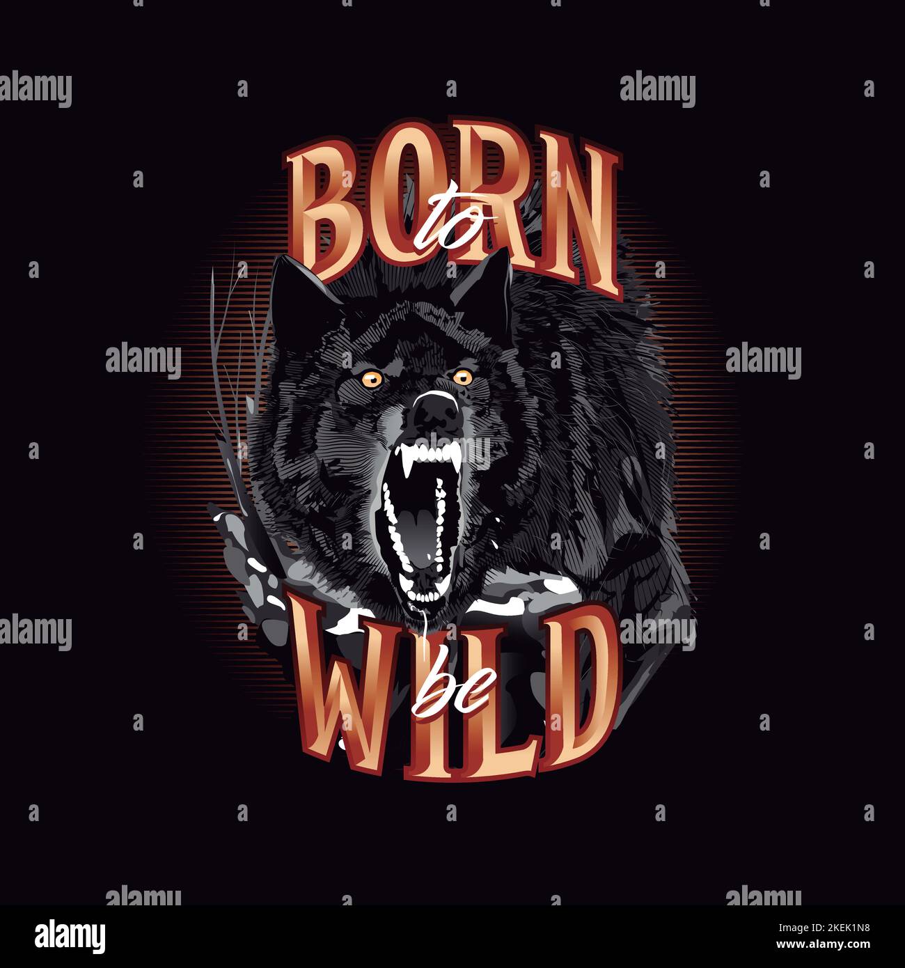 Aggressive wolf showing teeth. Illustration of ferocious animal, in the forest with snow. Born to be Wild Stock Vector