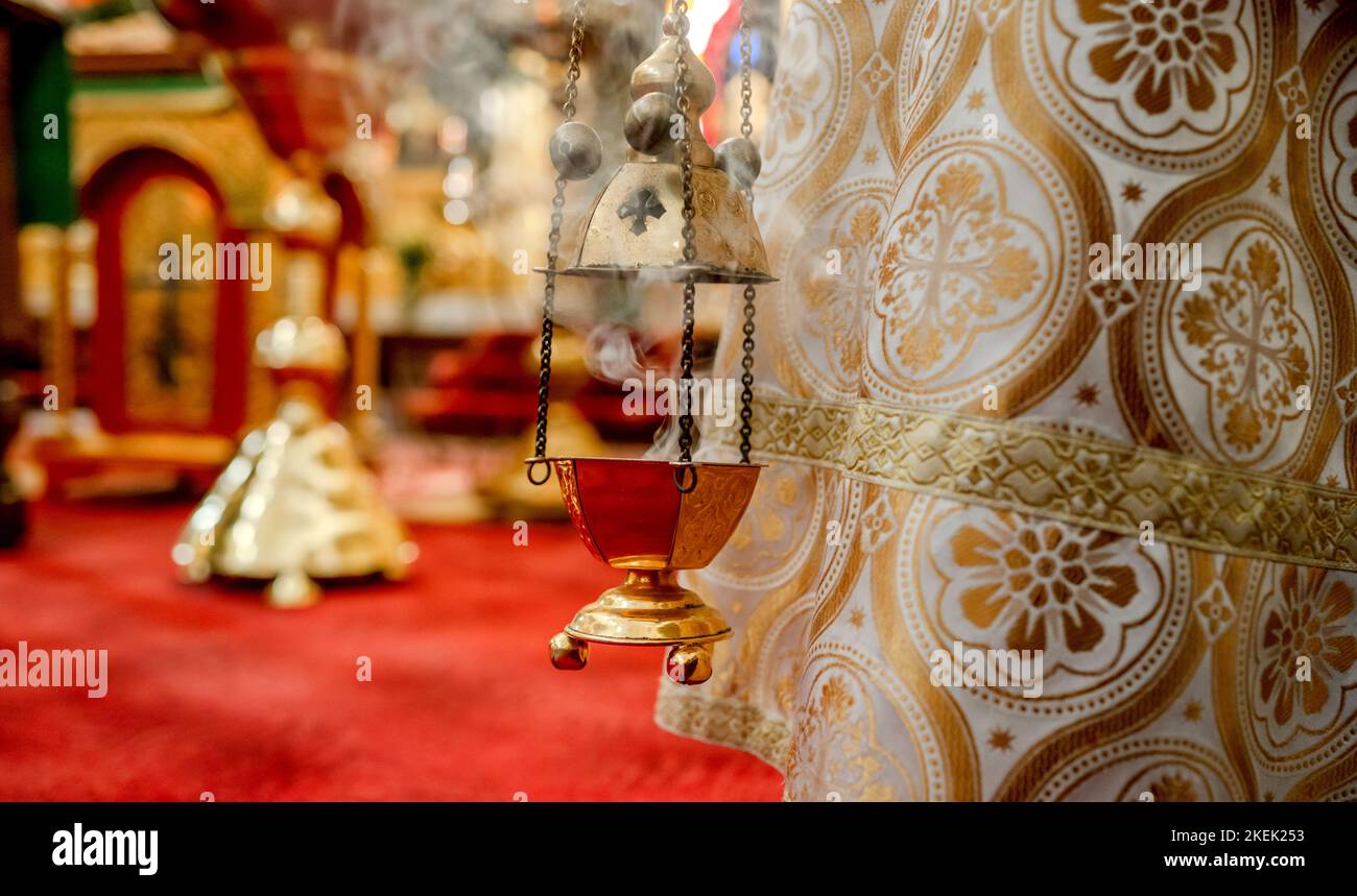 The priest's incense in a hangs in the Orthodox Church Stock Photo Alamy
