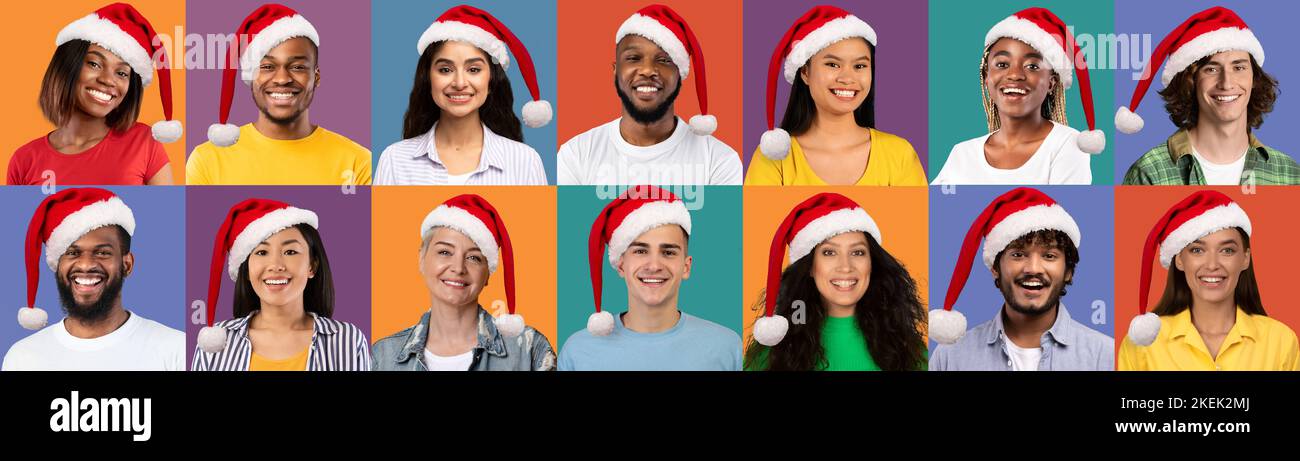 Mosaic of multicultural people wearing Santa hats, collage Stock Photo ...