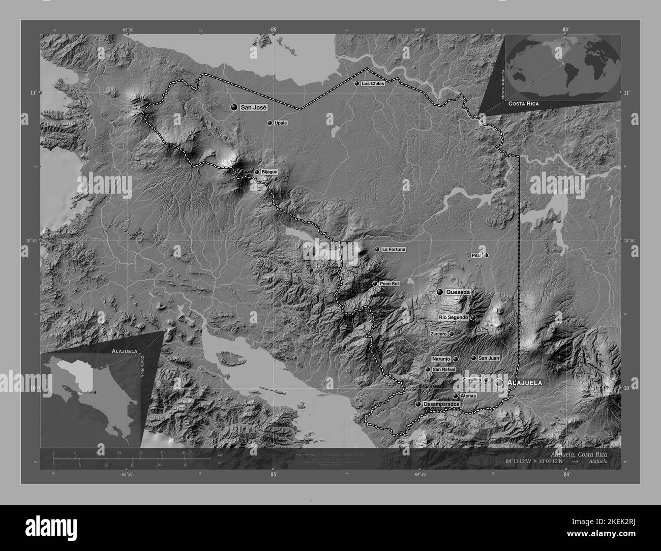 Alajuela, province of Costa Rica. Bilevel elevation map with lakes and