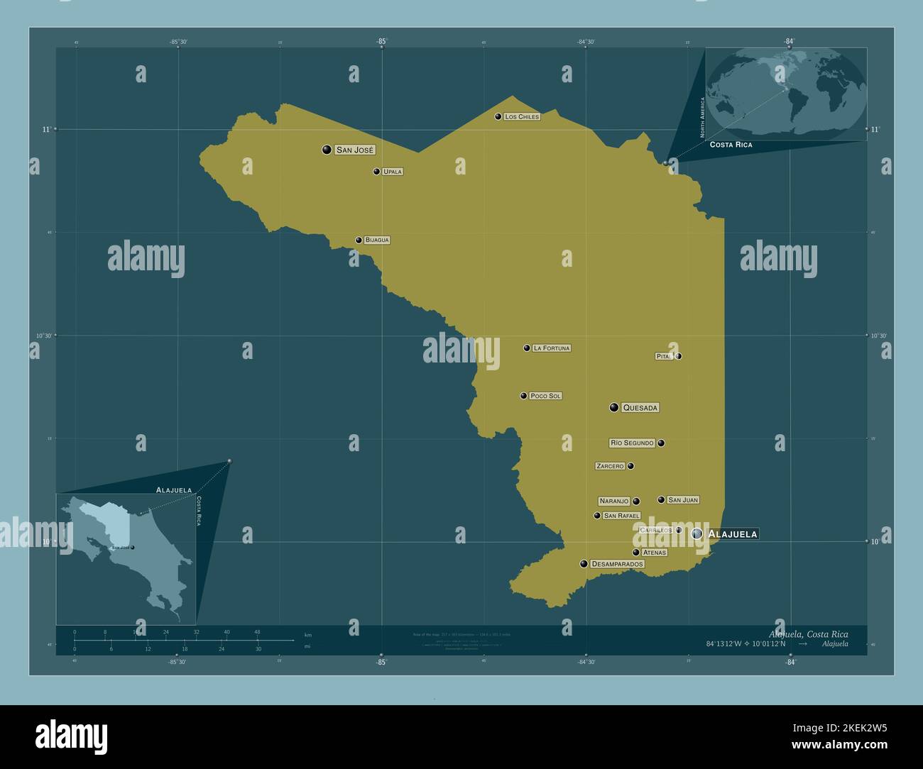 Alajuela, province of Costa Rica. Solid color shape. Locations and