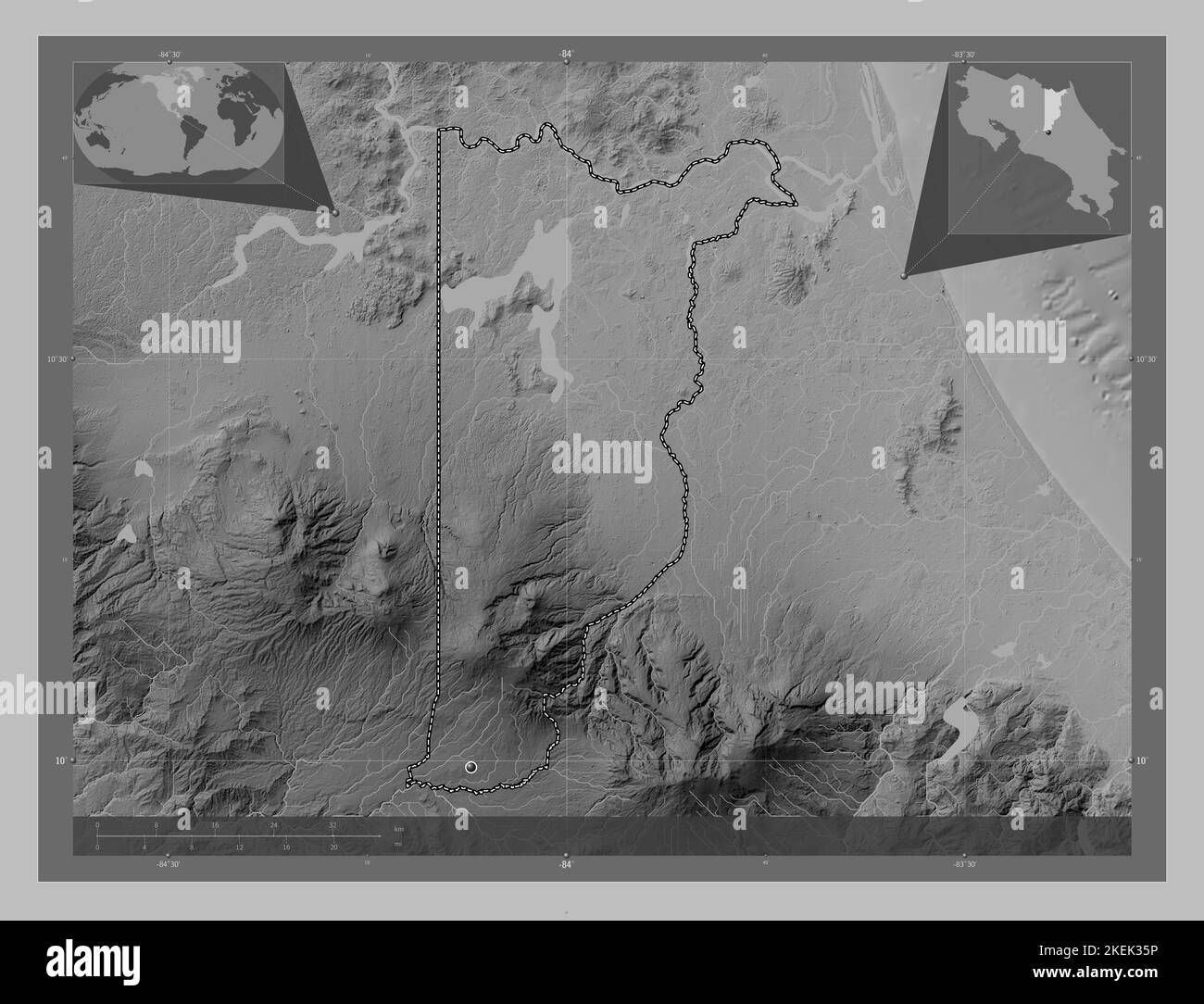 Heredia, province of Costa Rica. Grayscale elevation map with lakes and rivers. Corner auxiliary