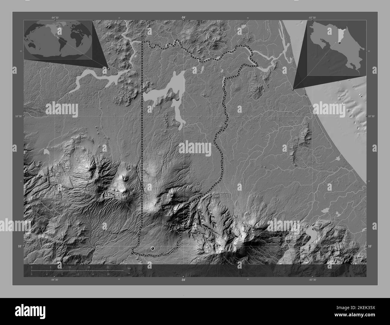 Heredia, province of Costa Rica. Bilevel elevation map with lakes and rivers. Corner auxiliary
