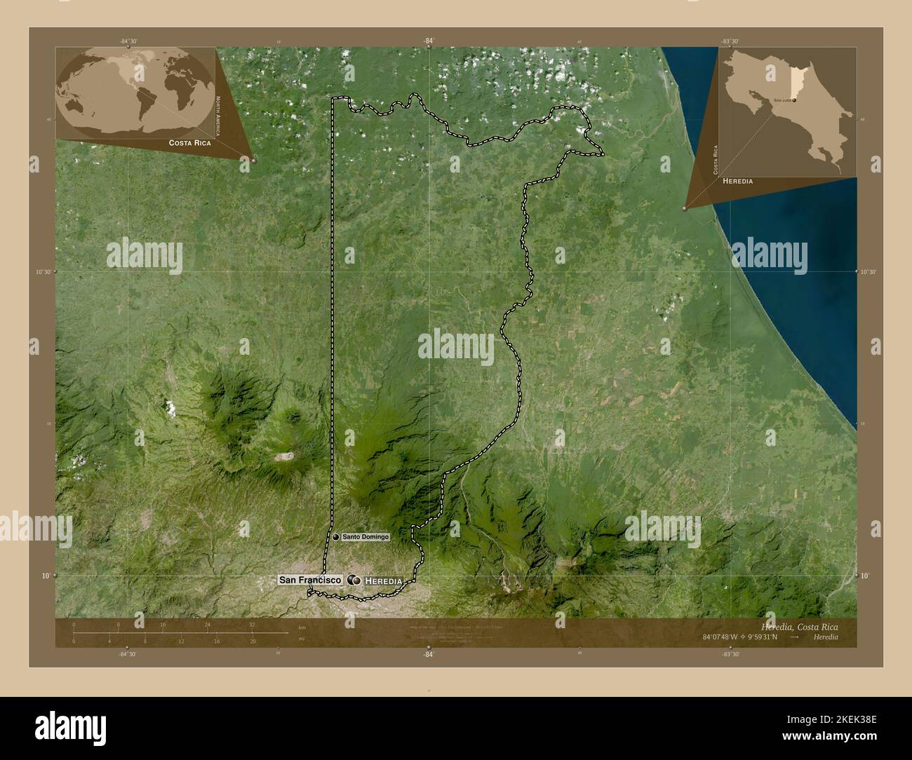 Heredia, province of Costa Rica. Low resolution satellite map. Locations and names of major