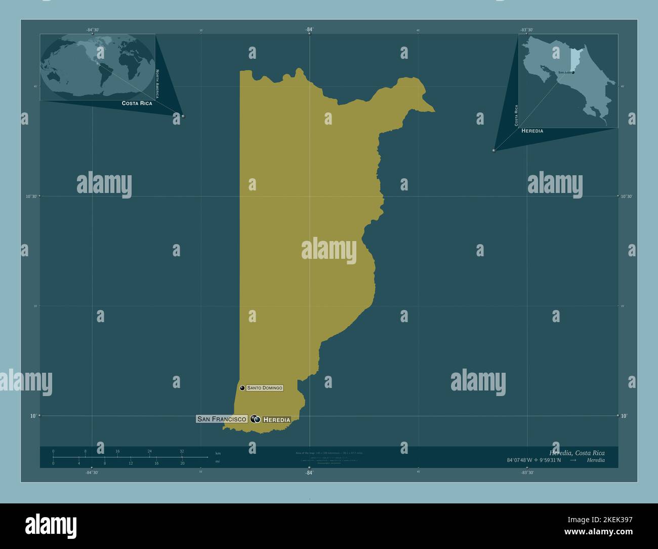 Heredia, province of Costa Rica. Solid color shape. Locations and names of major cities of the