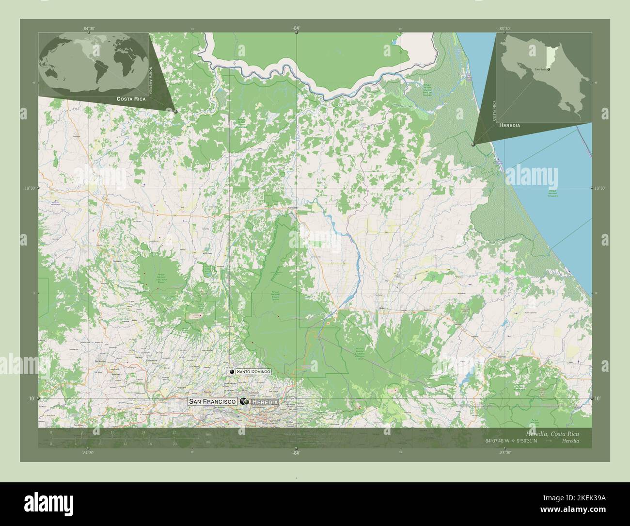 Heredia, province of Costa Rica. Open Street Map. Locations and names of major cities of the
