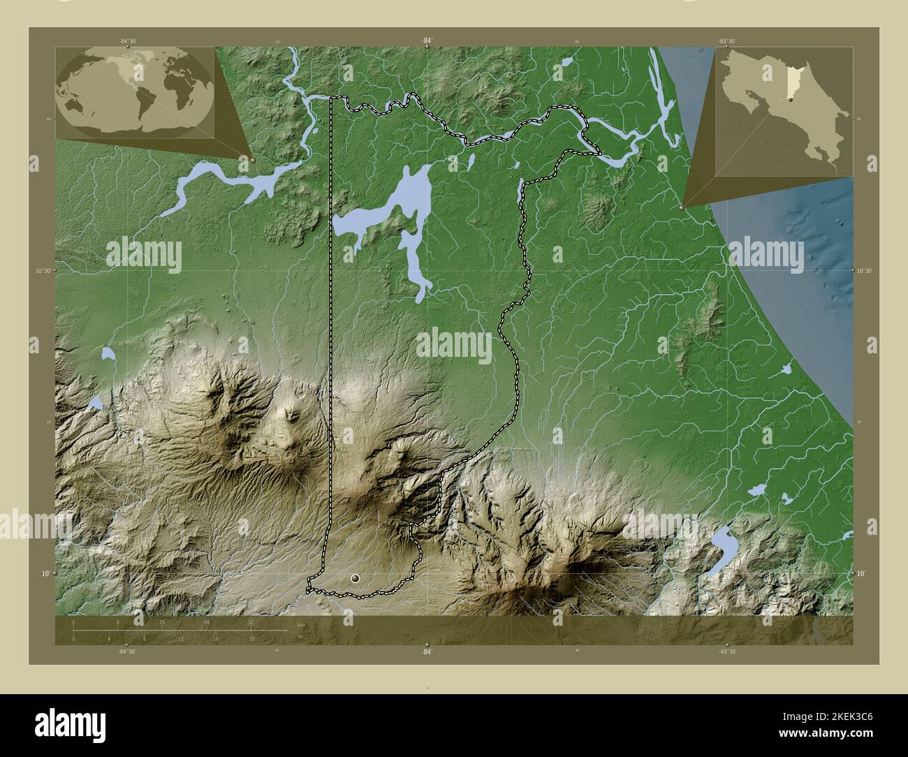 Heredia, province of Costa Rica. Elevation map colored in wiki style with lakes and rivers