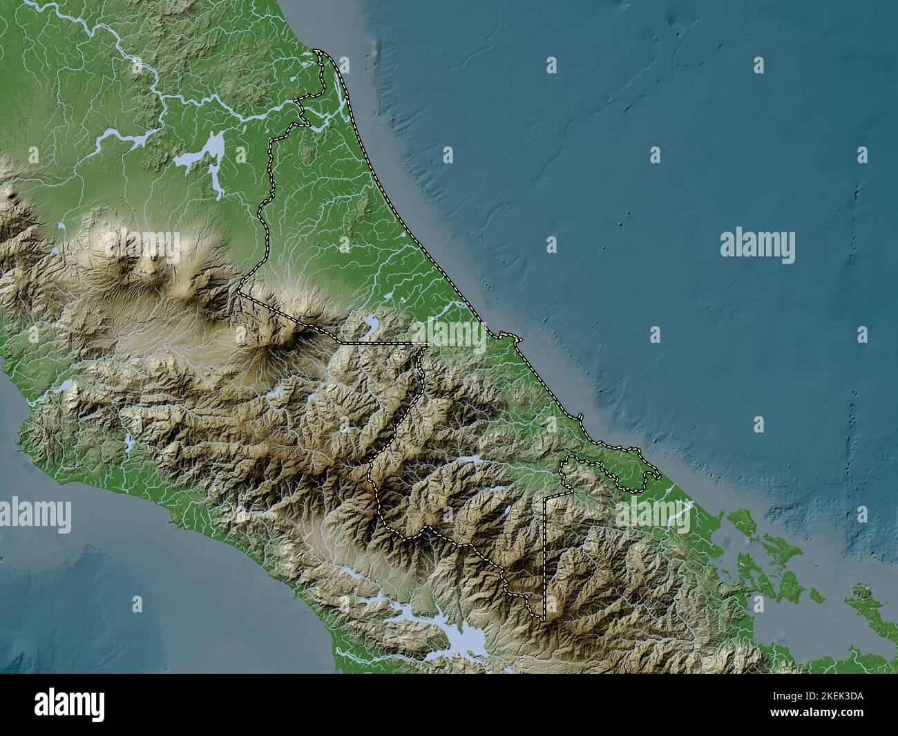 Limon, province of Costa Rica. Elevation map colored in wiki style with lakes and rivers Stock