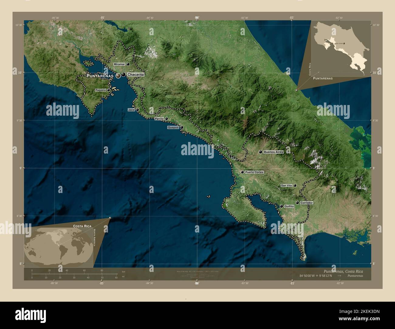 Puntarenas, province of Costa Rica. High resolution satellite map