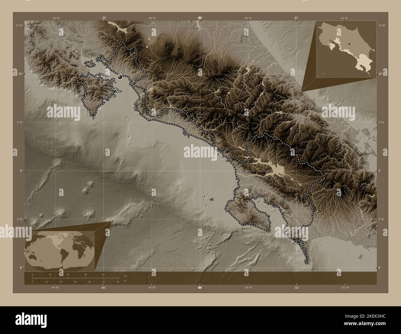 Puntarenas, province of Costa Rica. Elevation map colored in sepia tones with lakes and rivers