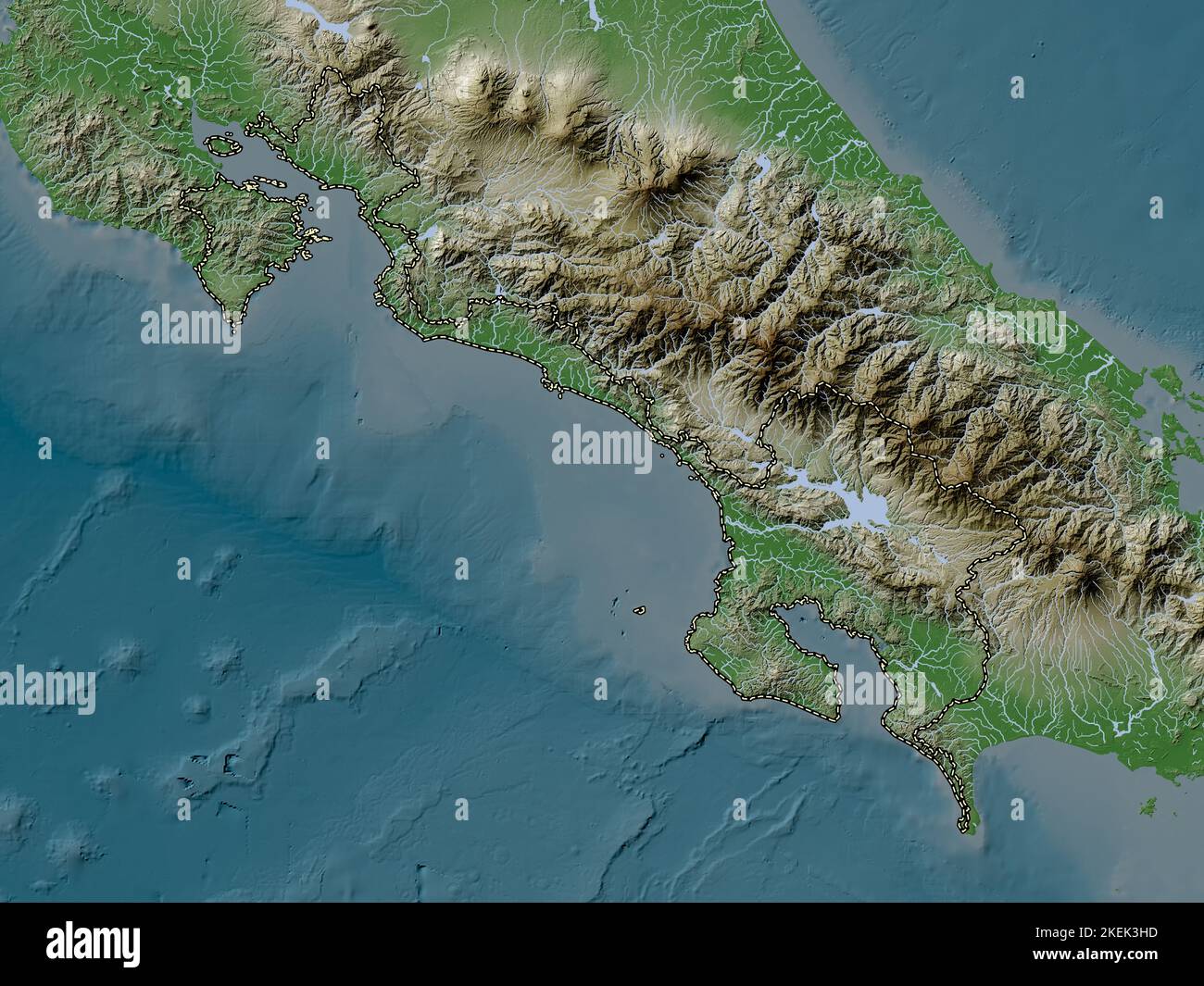 Puntarenas, province of Costa Rica. Elevation map colored in wiki style with lakes and rivers