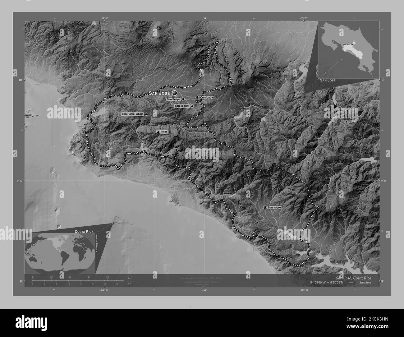 San Jose, province of Costa Rica. Grayscale elevation map with lakes and rivers. Locations and