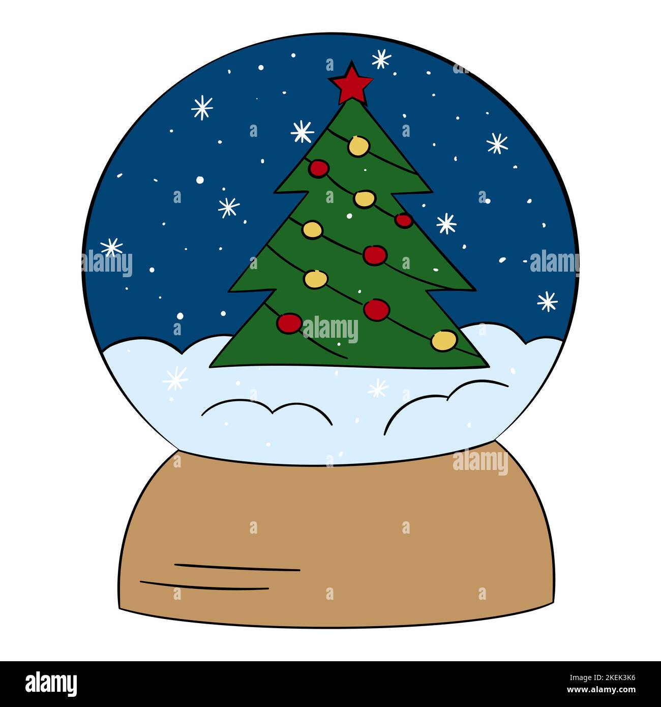 Snow globe with decorated Christmas tree, vector illustration Stock