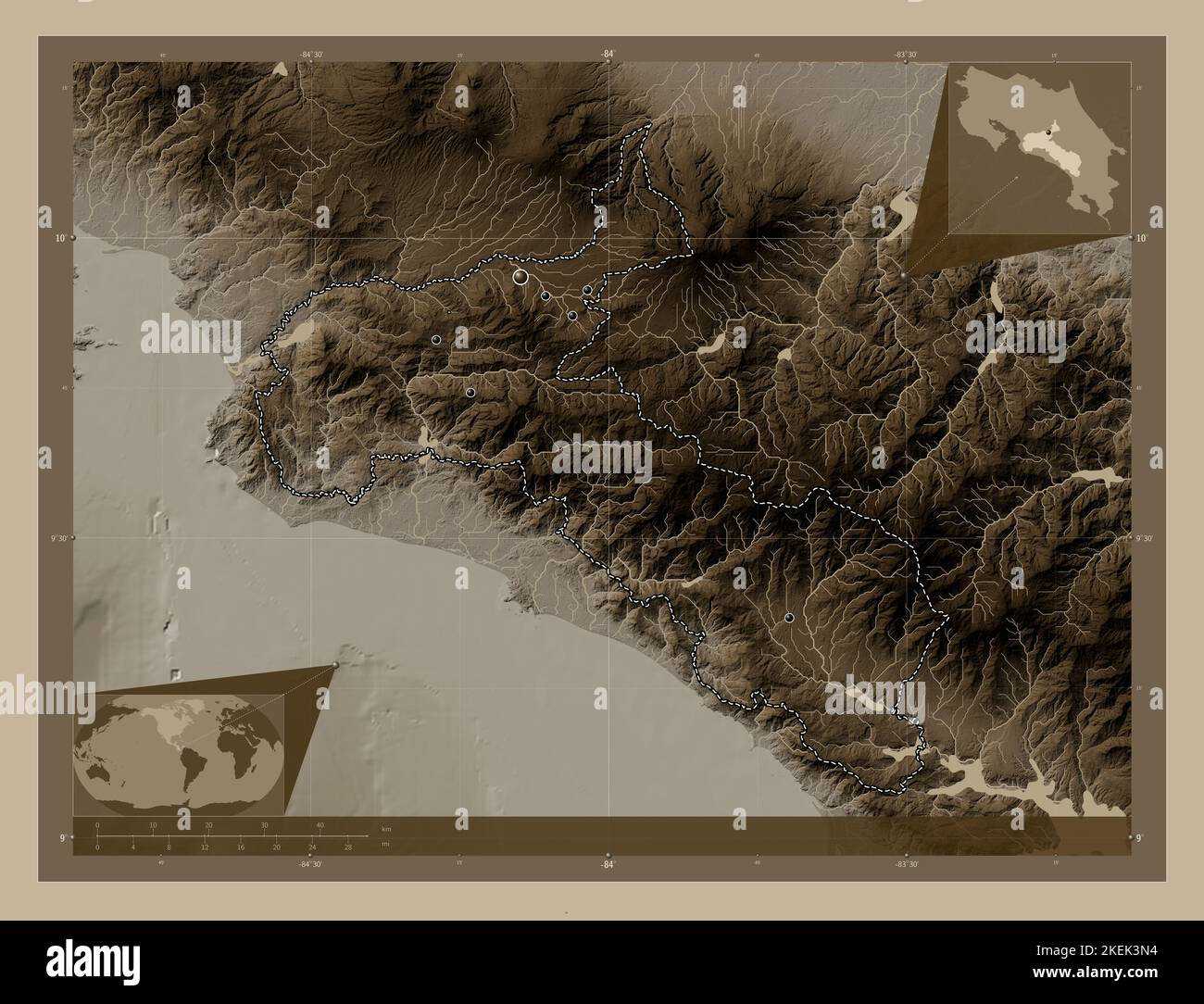 San Jose, province of Costa Rica. Elevation map colored in sepia tones with lakes and rivers