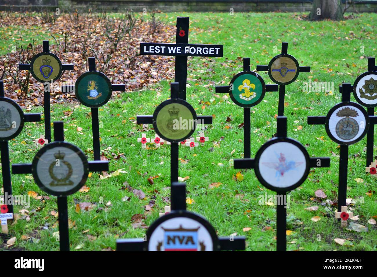 Remembrance Sunday, Lest We Forget. Military services represented by plaques mounted on crosses near York Minster, UK, 13th November 2022, Stock Photo