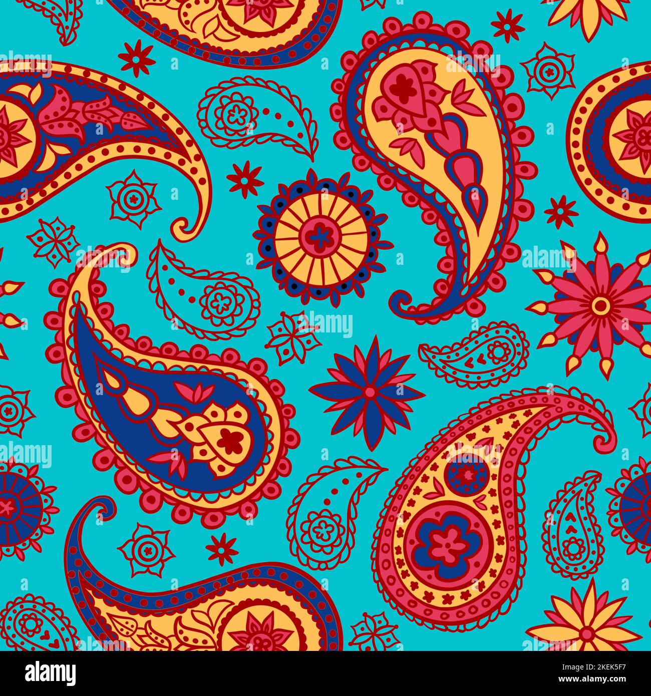 Hand drawn seamless pattern of indian paisley blue red turquoise background. Ethnic oriental turkish fabric print, flower floral damsk, teture textile illustration, ornamental vitage retro art Stock Photo