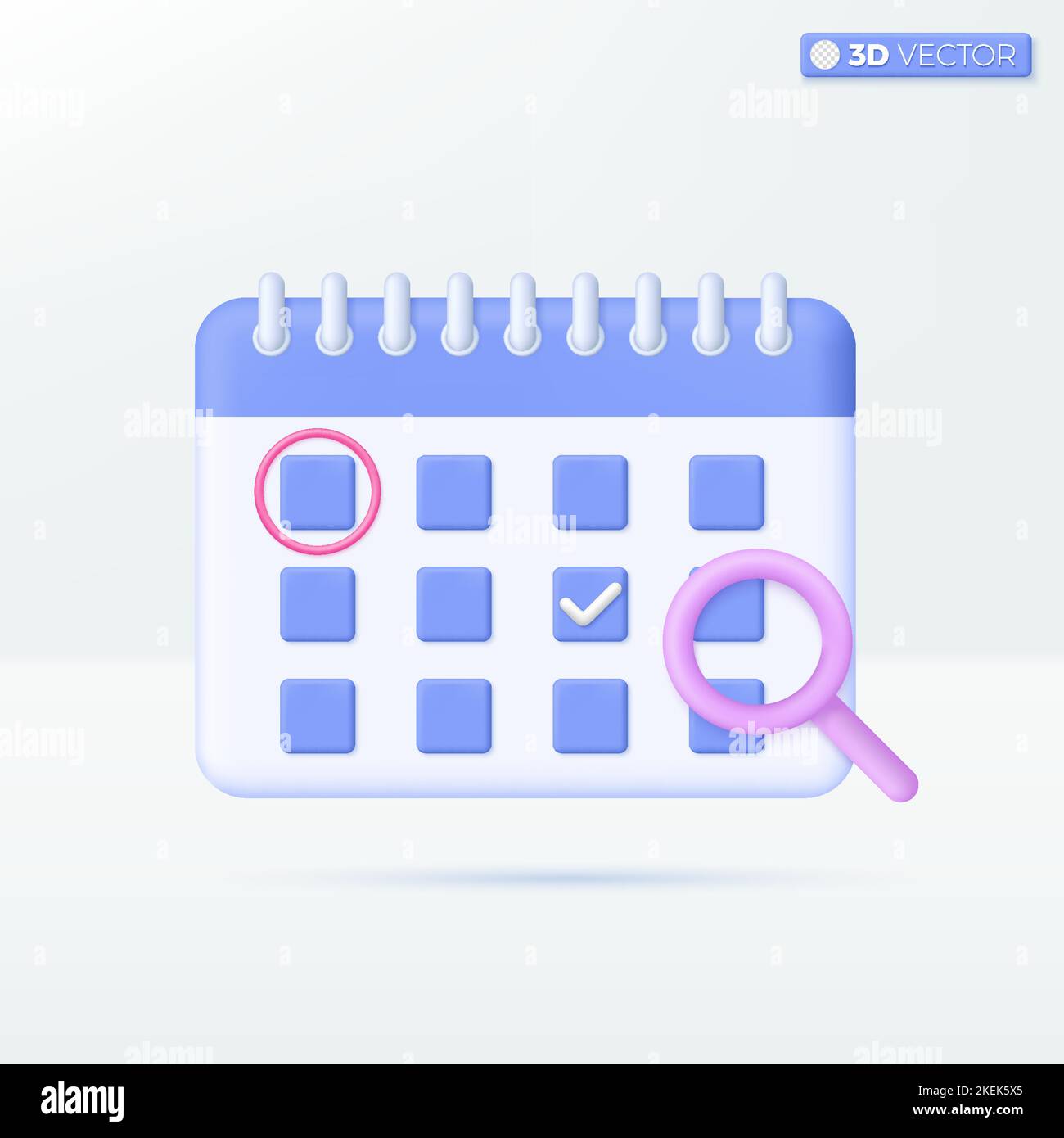 Calendar with magnifying glass icon symbols. Check Mark, Focus appointment, Schedule assignment, business event planning concept. 3D vector isolated i Stock Vector