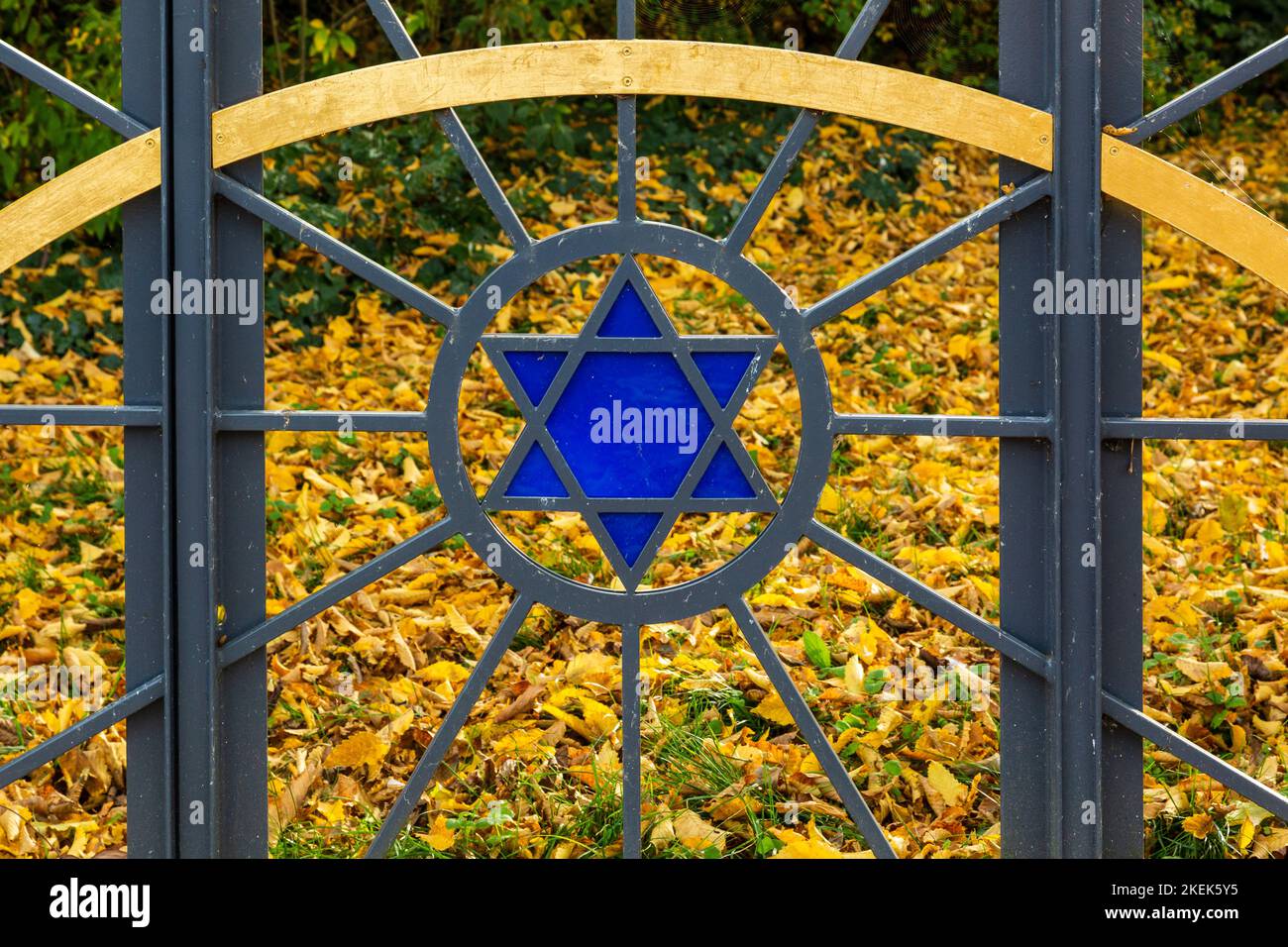 Germany, Gescher, Berkel, Hohe Mark Westmuensterland Nature Park, Muensterland, Westphalia, North Rhine-Westphalia, NRW, Jewish cemetery, entrance gate with Star of David, late summer, autumnal Stock Photo