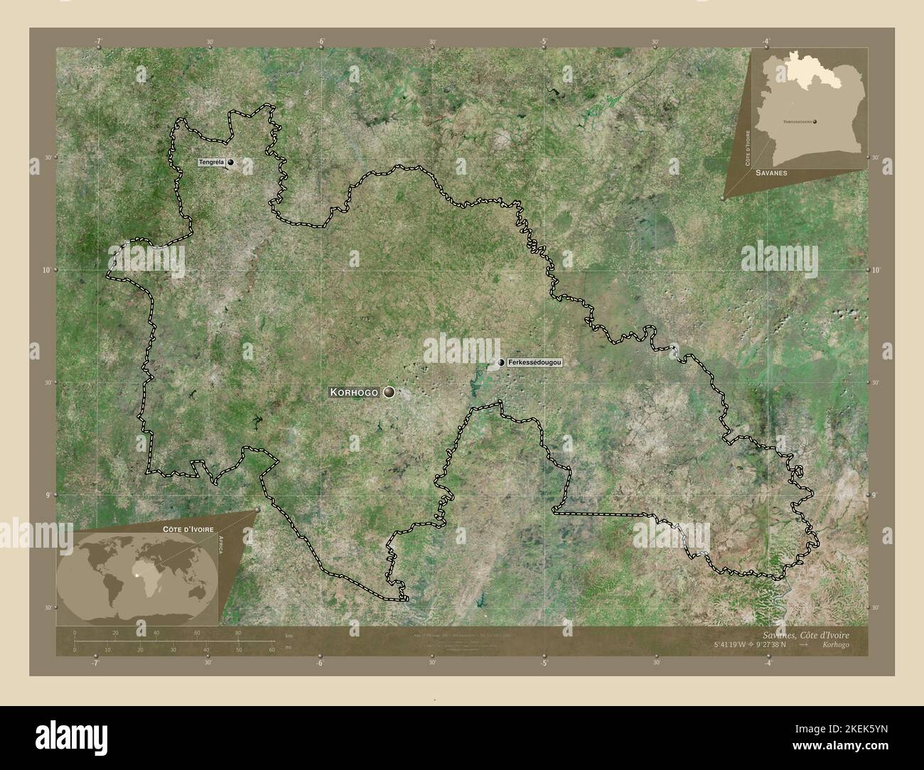 Savanes, district of Cote d'Ivoire. High resolution satellite map ...