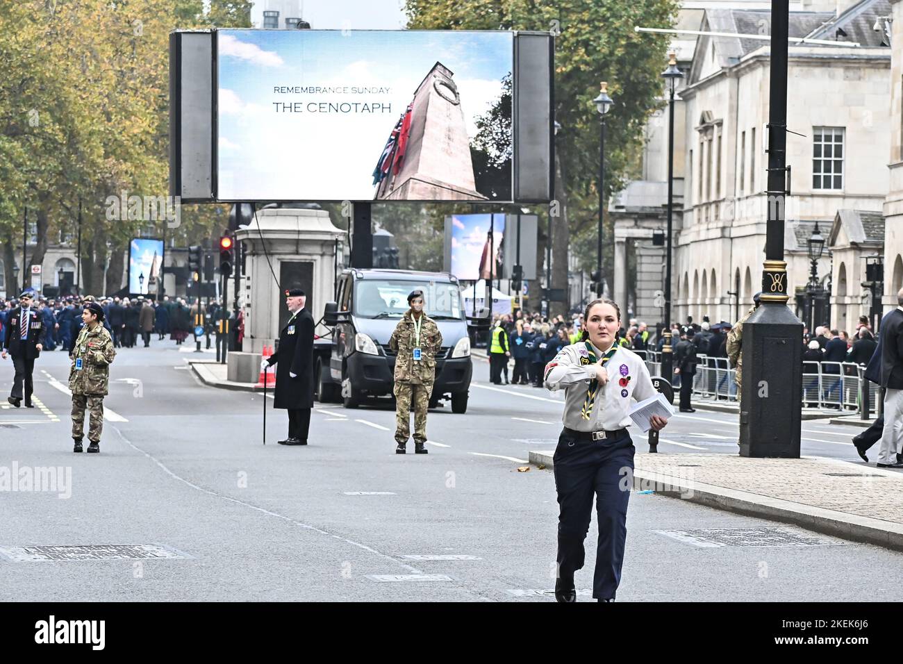 Whitehall and The Mall, London, UK. 13th November 2022. Remembrance Sunday 2022 to commemorate those who died during both World Worlds and in conflicts past and present at The Cenotaph. Credit: See Li/Picture Capital/Alamy Live News Stock Photo