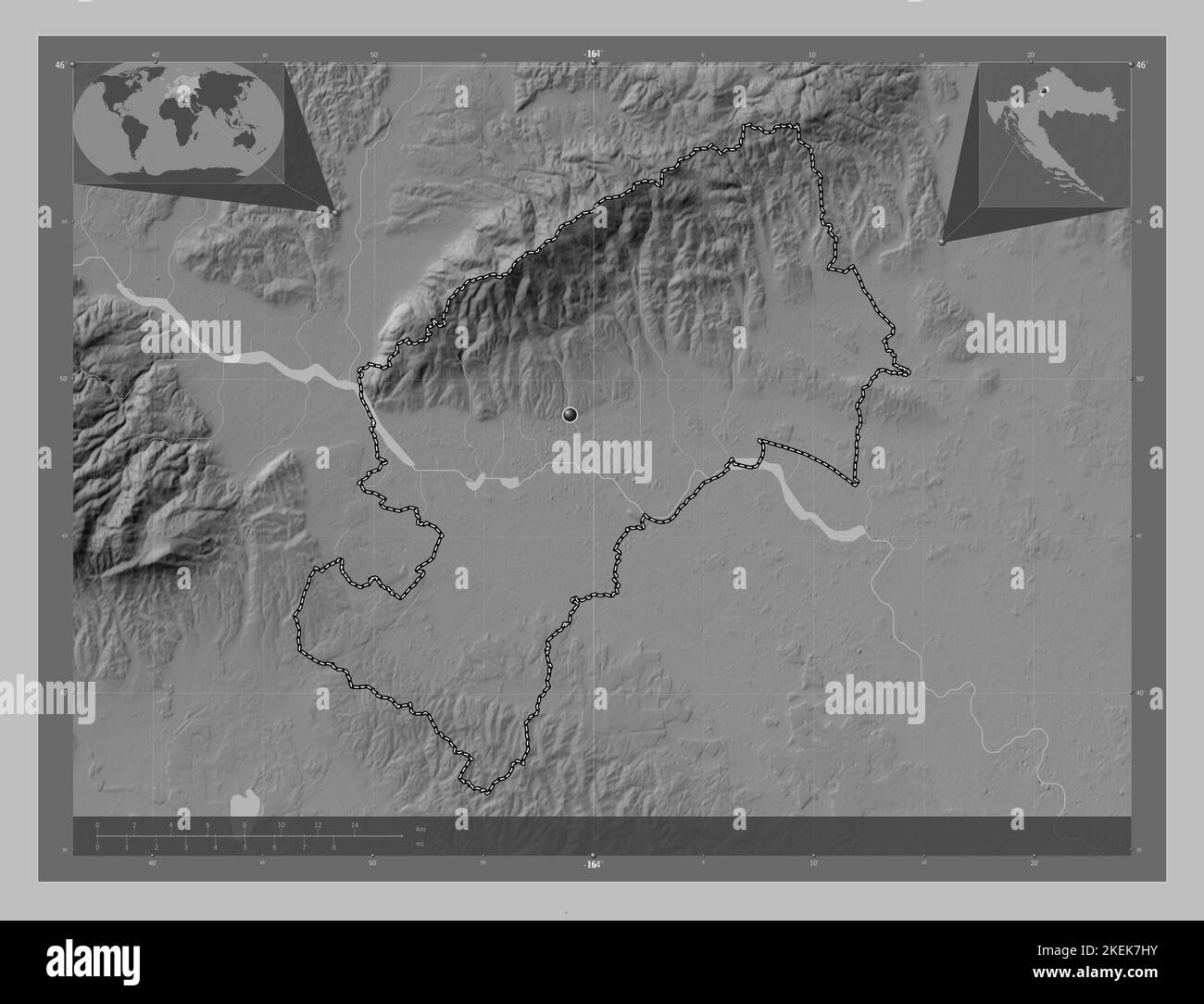 Grad Zagreb, city of Croatia. Grayscale elevation map with lakes and