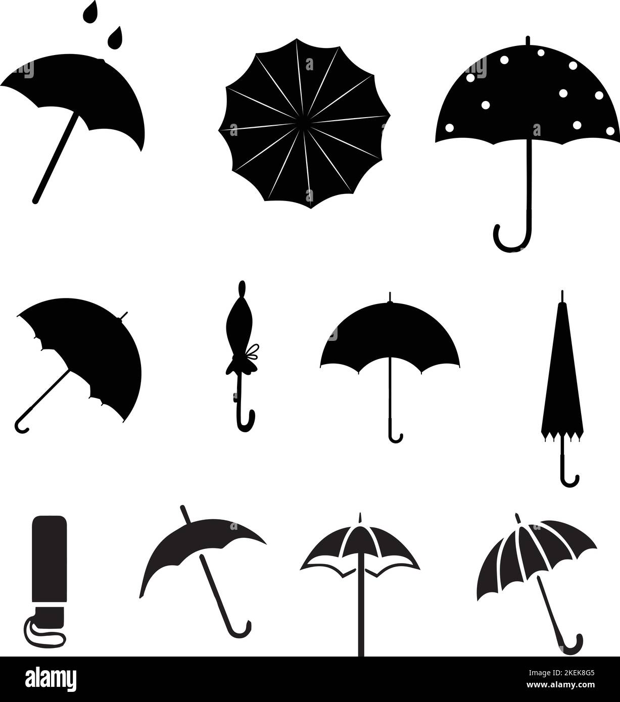 A vector illustration of black umbrella symbol in various shapes on