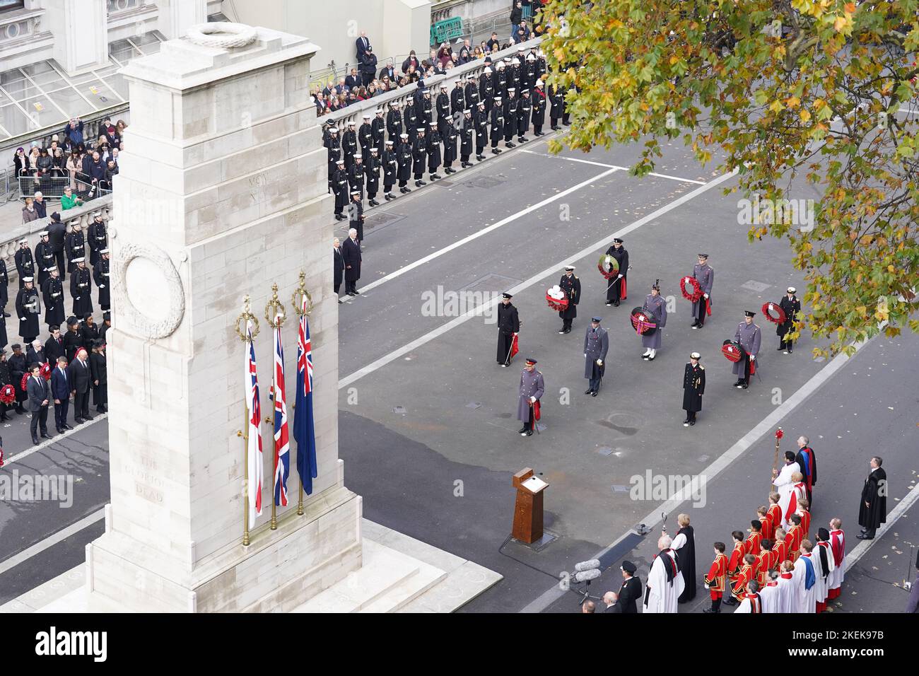 Members of the Royal Family led by King Charles III attend the annual Remembrance Sunday service at the Cenotaph, in Whitehall, London. Picture date: Sunday November 13, 2022. Stock Photo