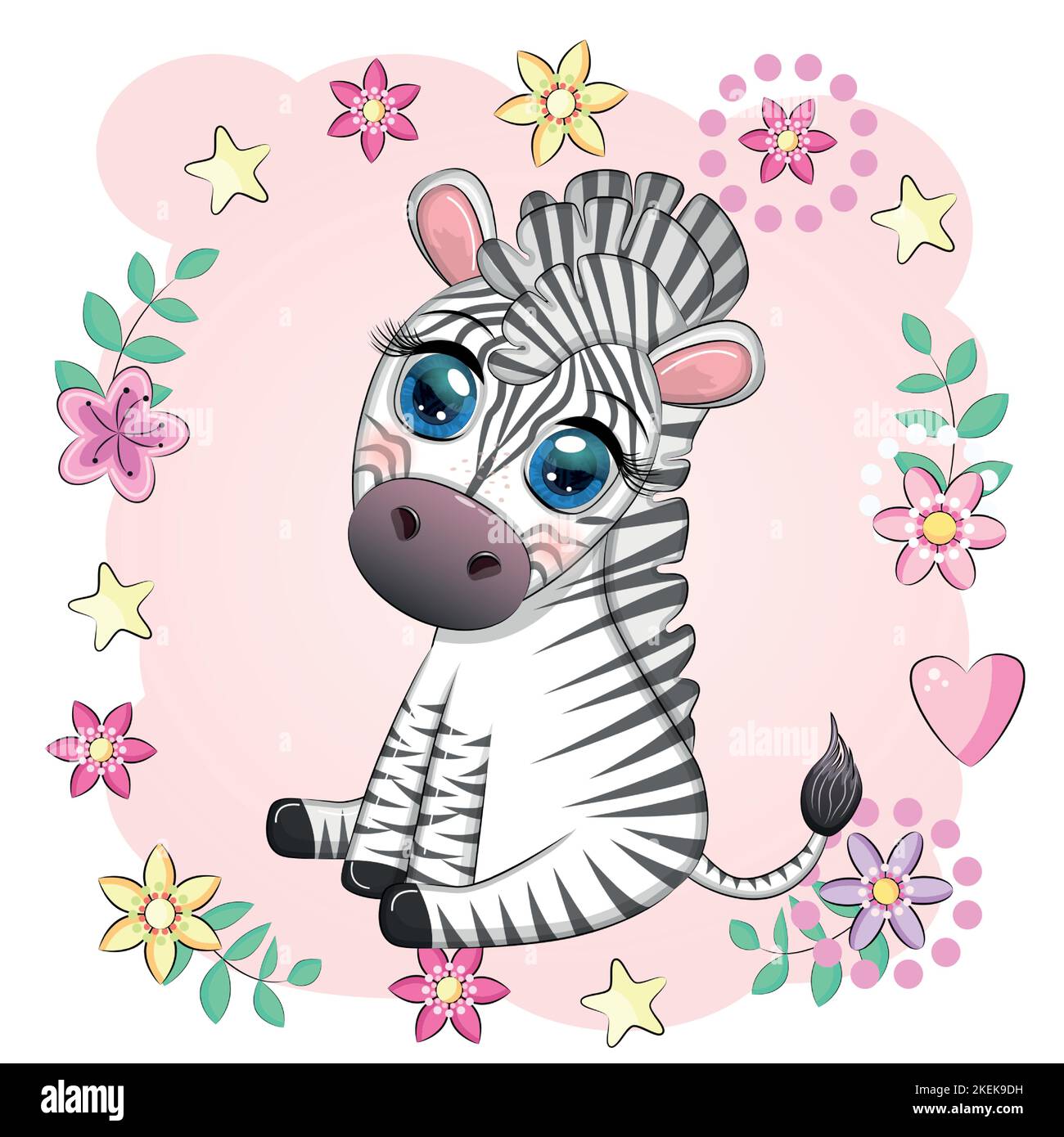 Cute cartoon zebra sits in flowers. Childish striped character, African