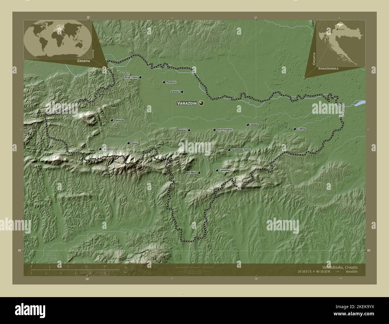 Varazdinska, county of Croatia. Elevation map colored in wiki style with  lakes and rivers. Locations and names of major cities of the region. Corner  a Stock Photo - Alamy