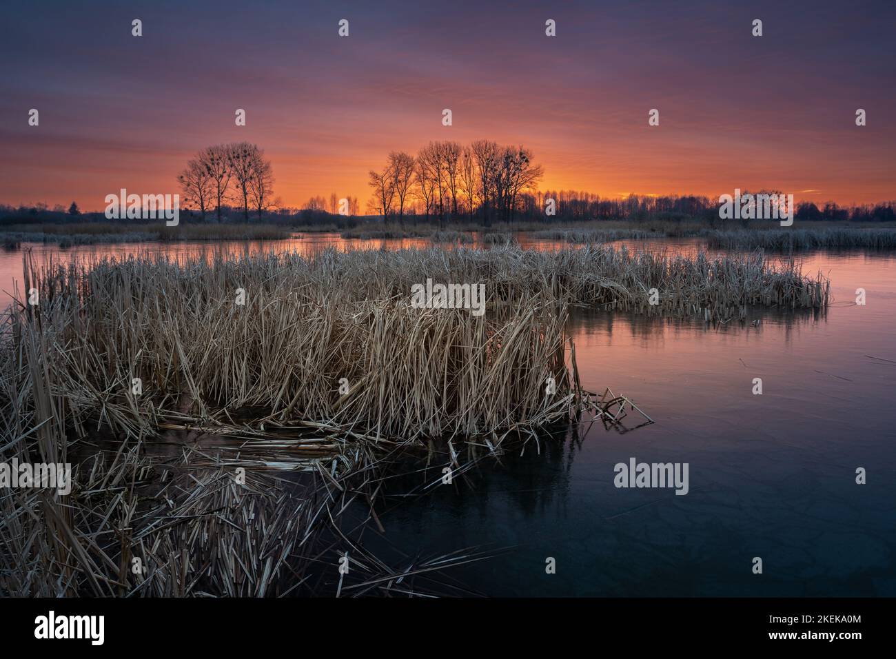 Beautiful colorful sky over the lake after sunset, Stankow, Poland Stock Photo