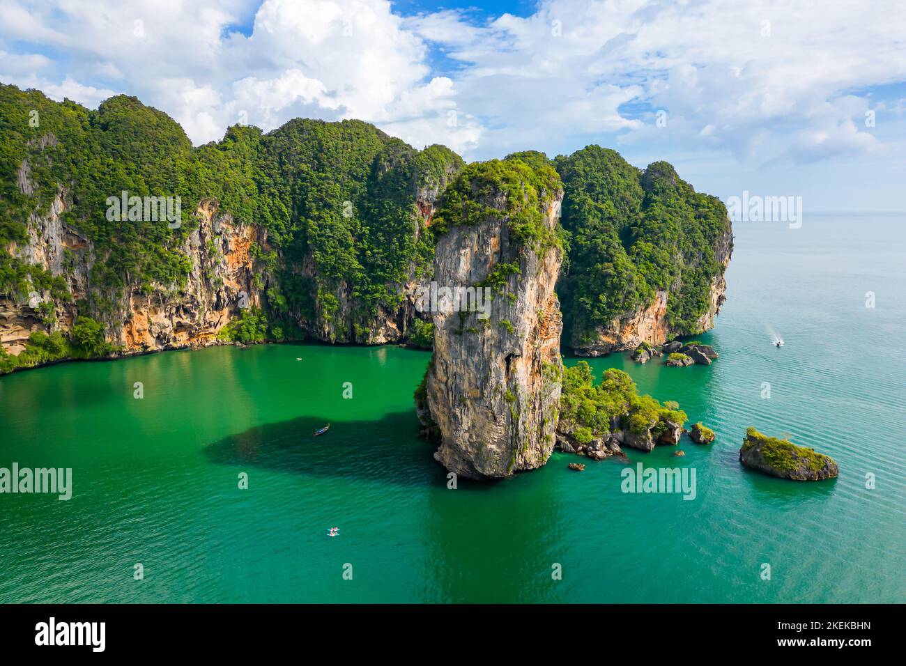 Ao Nang Tower, famous limestone rock near the Krabi town, Thailand. Aerial drone view to big rocks above turquoise sea. Exotic tourist destination. Stock Photo