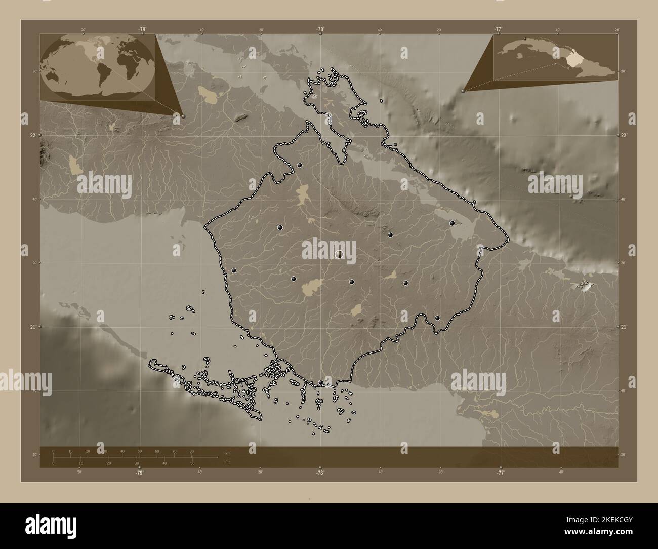 Camaguey, province of Cuba. Elevation map colored in sepia tones with ...
