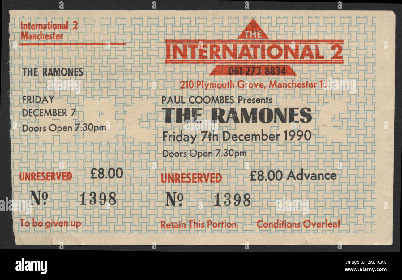 A neat Ramones ticket from a late show at the International 2 in Manchester.  This venue was a key part of the Stone Roses scene but had been staging live shows at least as far back as the 1960s. A grungy venue, this was The Ramones only gig there. The ticket is properly printed via old school letterpress printing, a basic blue security pattern with red and black on top. The ticket also lists the promoter as Paul Coombes, who purchased the International venue that year. He was such a massive music fan that he closed it two years later and built flats on the site. Stock Photo
