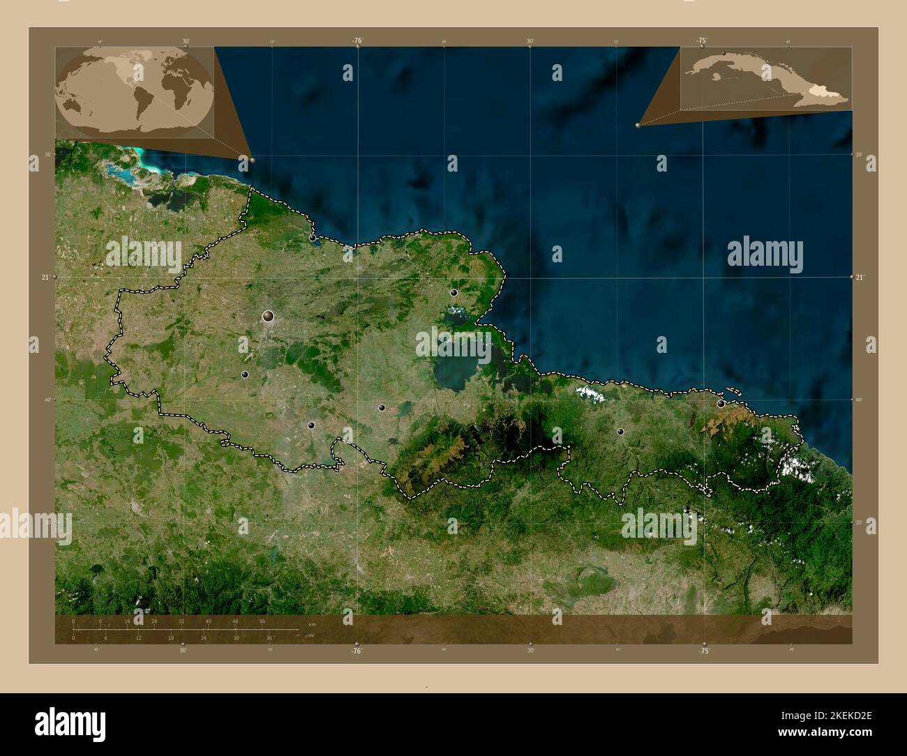 Holguin, province of Cuba. Low resolution satellite map. Locations of major cities of the region. Corner auxiliary location maps Stock Photo