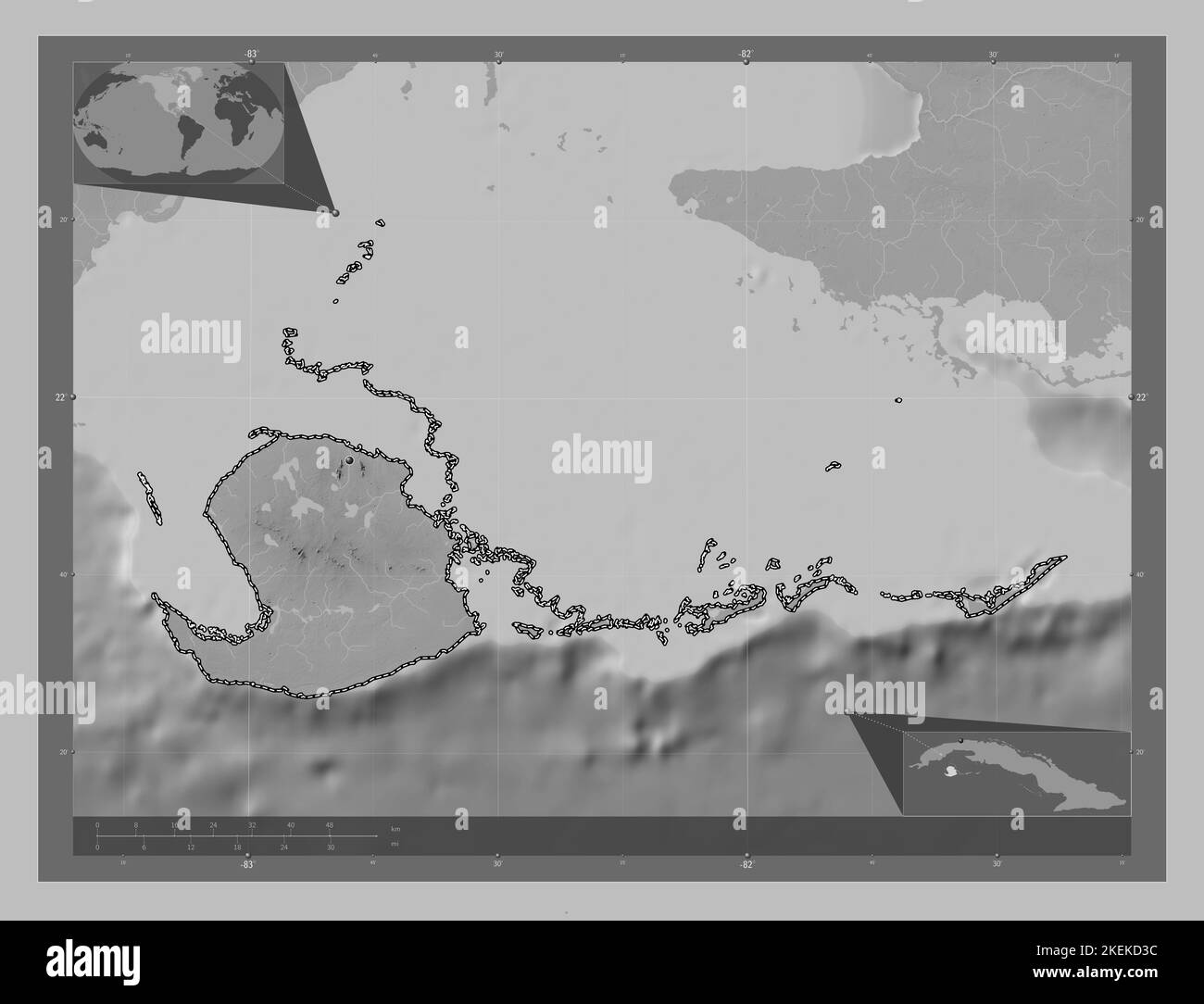 Isla de la Juventud, province of Cuba. Grayscale elevation map with lakes and rivers. Corner auxiliary location maps Stock Photo