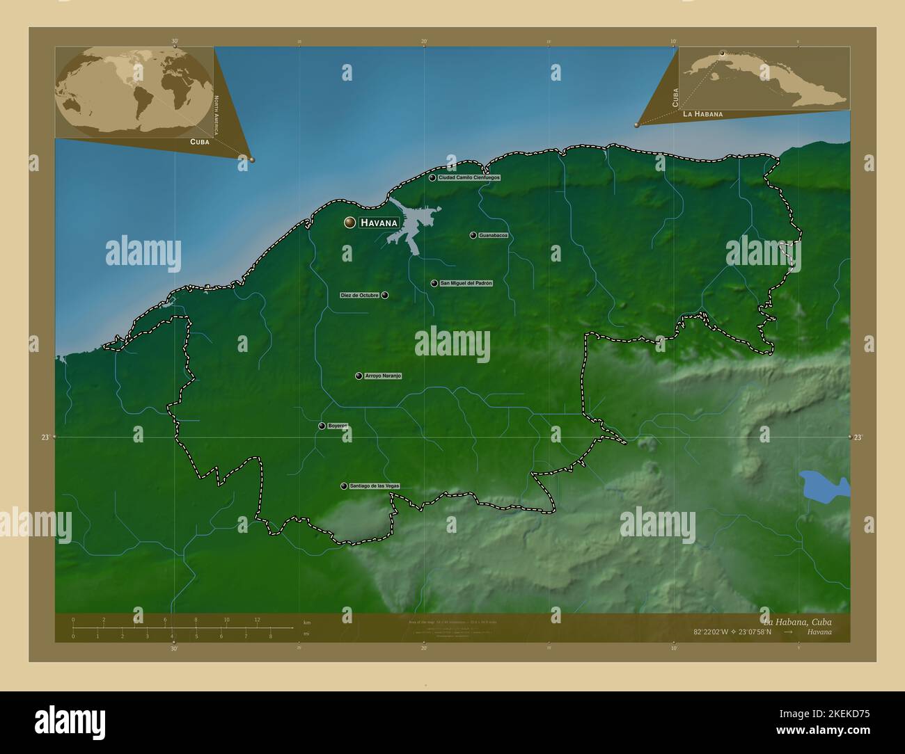 La Habana, province of Cuba. Colored elevation map with lakes and