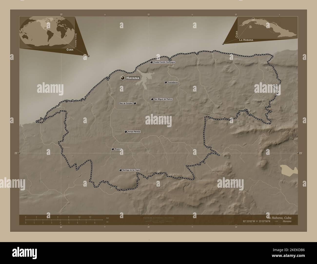La Habana, province of Cuba. Elevation map colored in sepia tones with