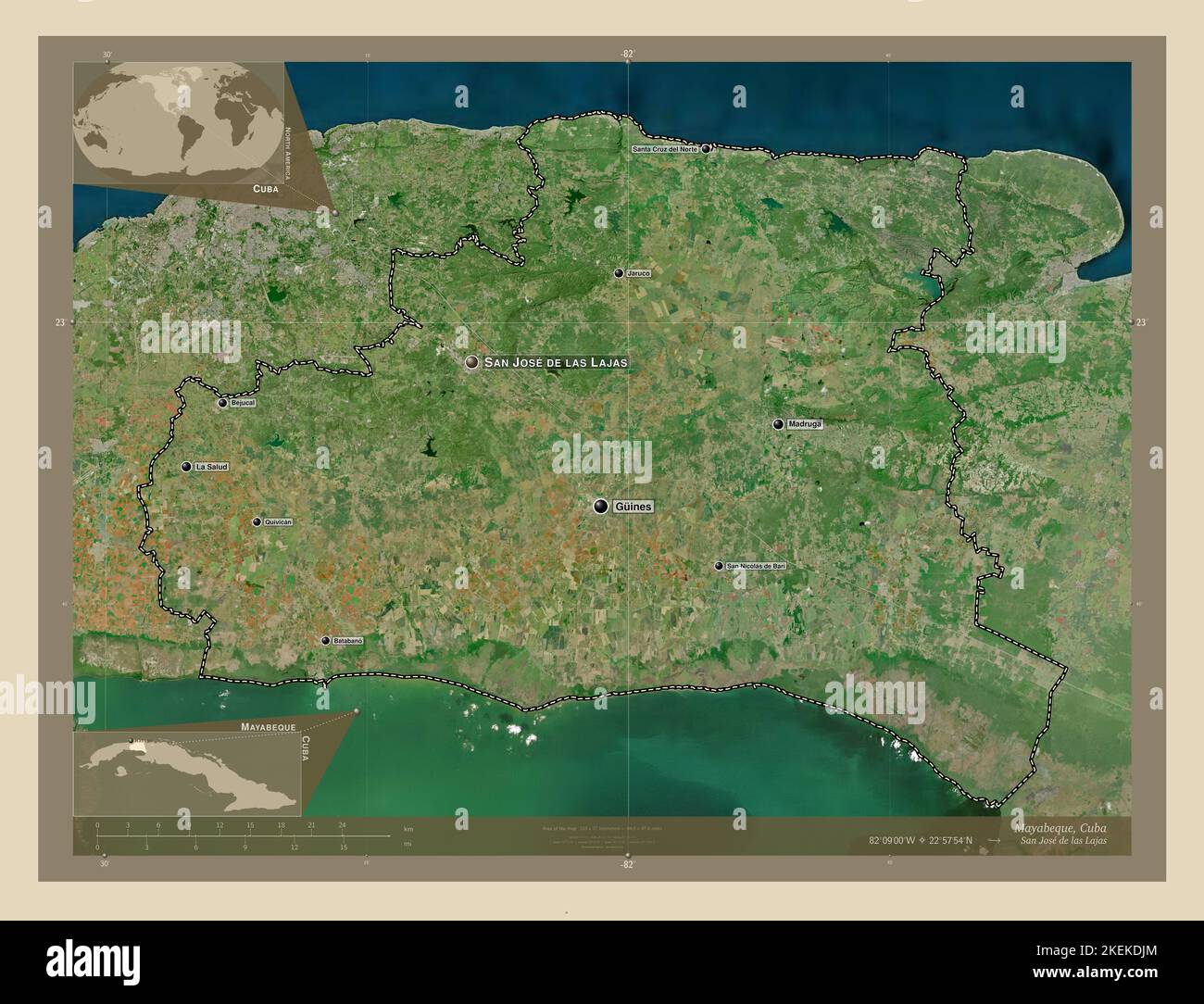 Mayabeque, province of Cuba. High resolution satellite map. Locations