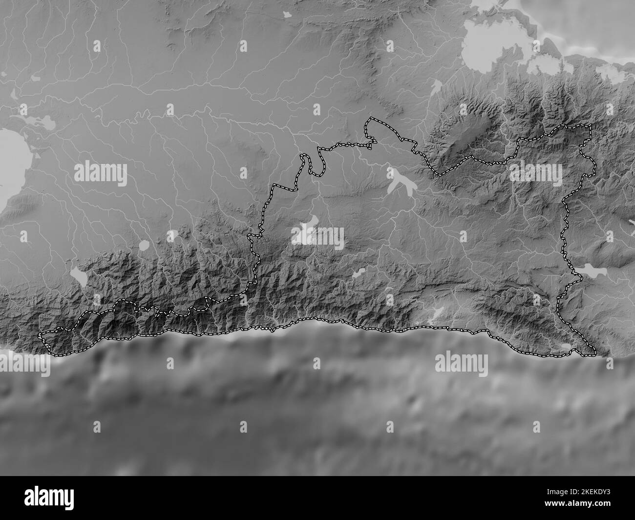 Santiago de Cuba, province of Cuba. Grayscale elevation map with lakes and rivers Stock Photo