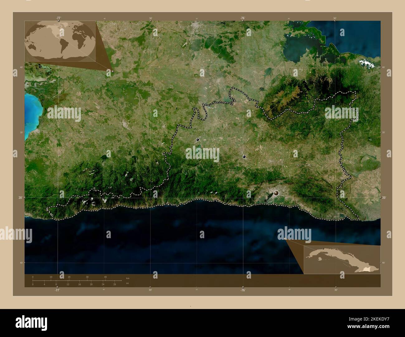 Santiago de Cuba, province of Cuba. Low resolution satellite map. Locations of major cities of the region. Corner auxiliary location maps Stock Photo