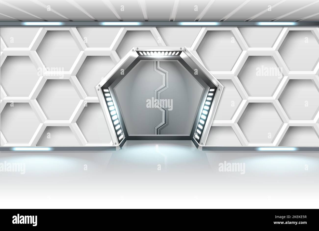 realistic vector illustration banner. White sci-fi sliding spaceship metal hexagonal doors with lightning. Stock Vector