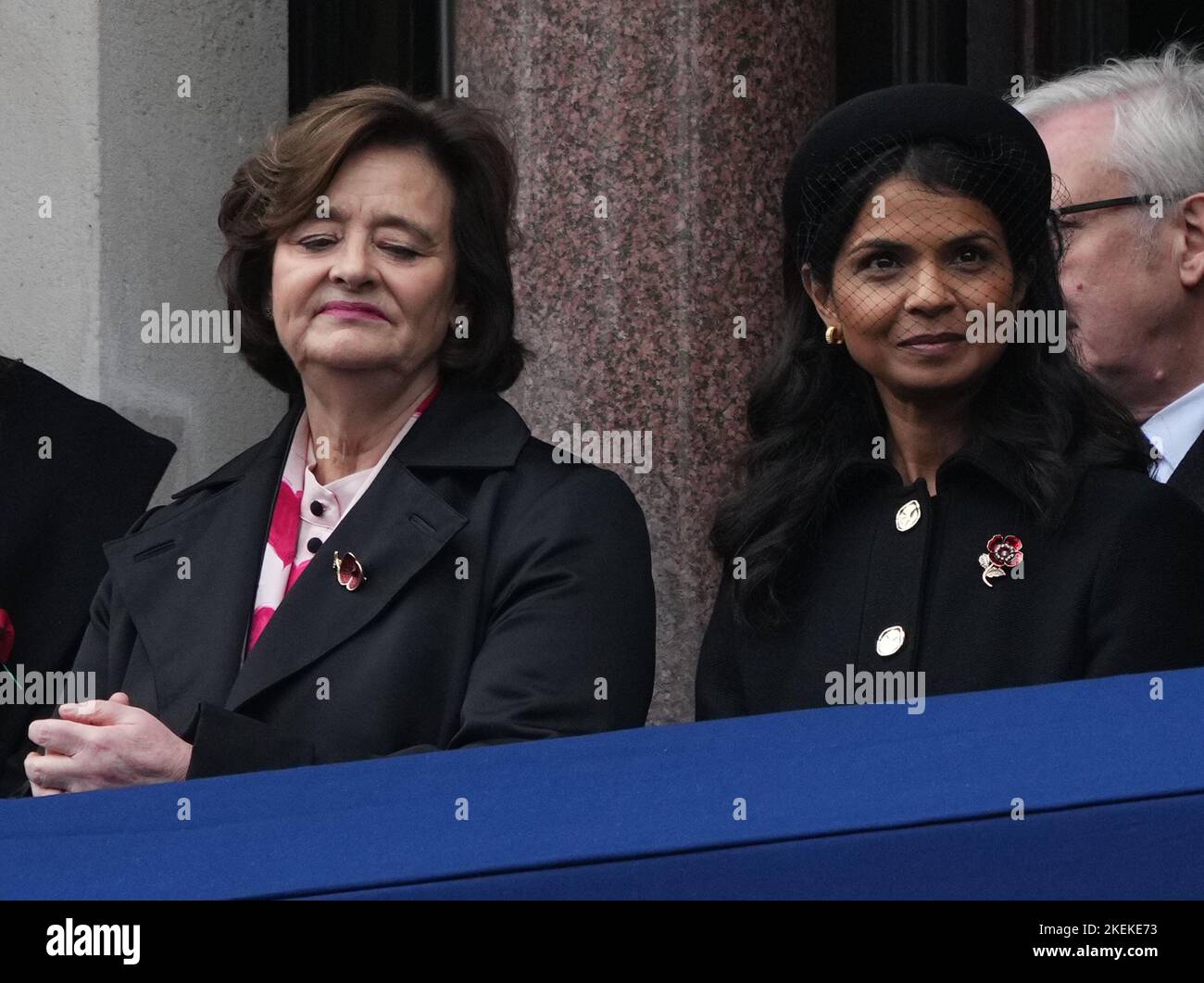 Cherie Blair (left) Akshata Murty, stand on a balcony at the Foreign, Commonwealth and Development Office (FCDO) on Whitehall, during the Remembrance Sunday service at the Cenotaph in London. Picture date: Sunday November 13, 2022. Stock Photo