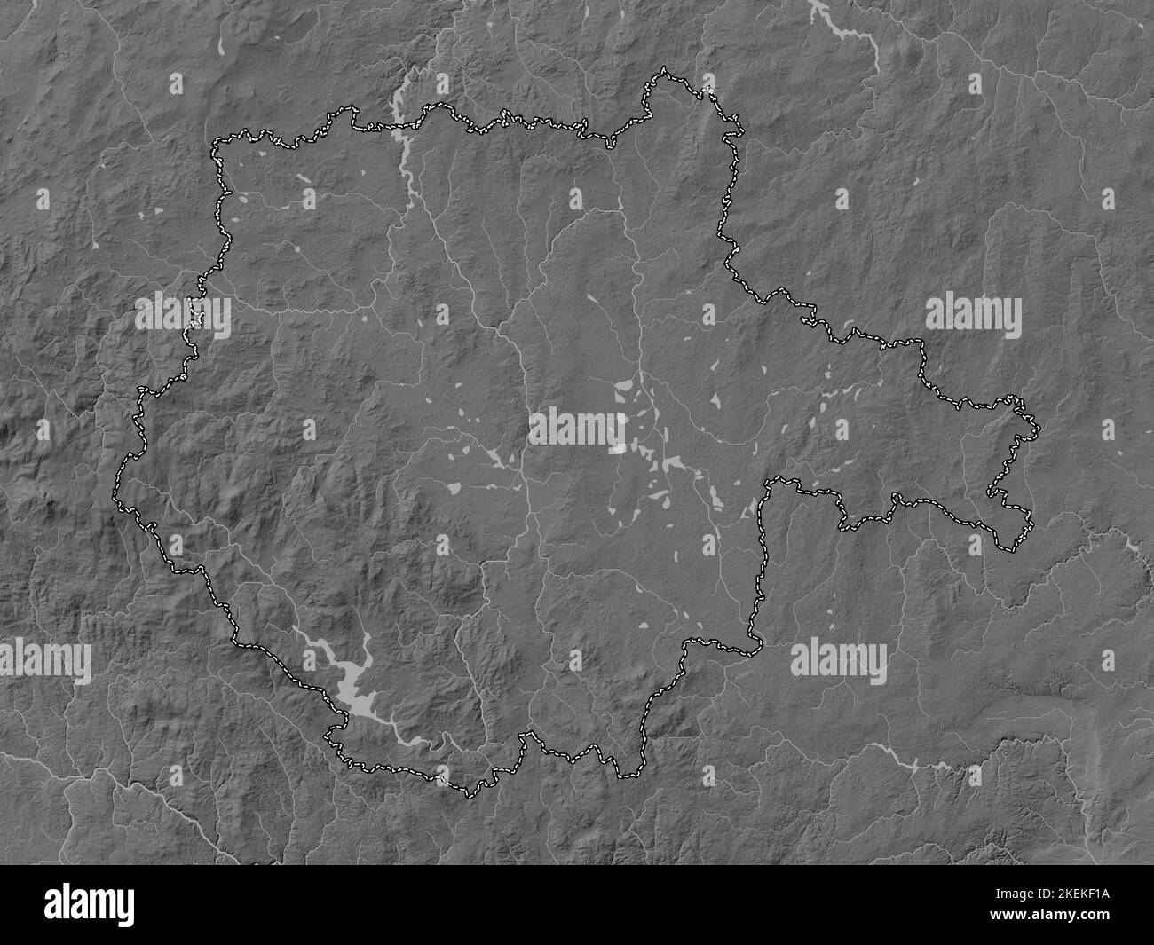 Jihocesky, region of Czech Republic. Grayscale elevation map with lakes and rivers Stock Photo