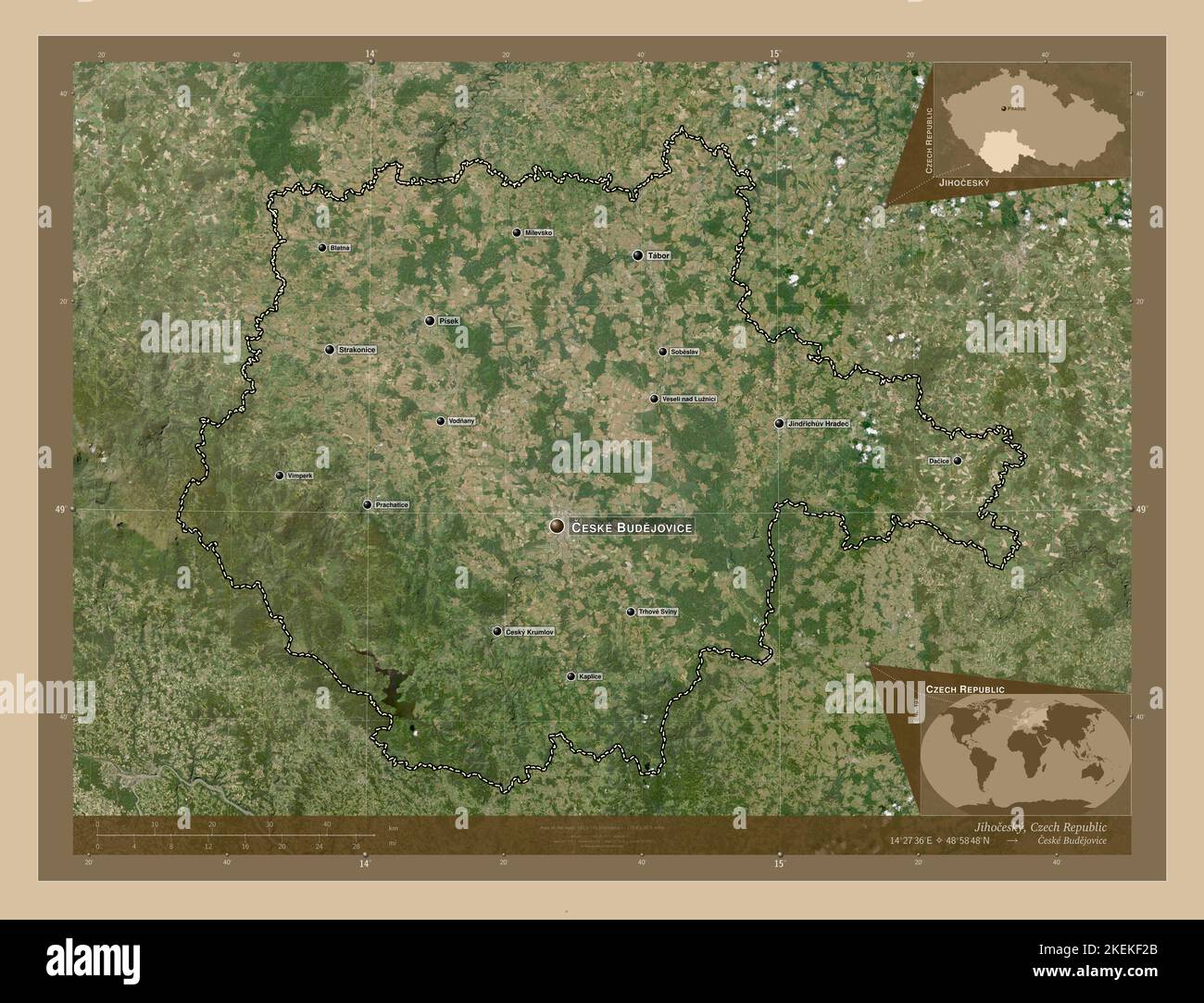 Jihocesky, region of Czech Republic. Low resolution satellite map. Locations and names of major cities of the region. Corner auxiliary location maps Stock Photo