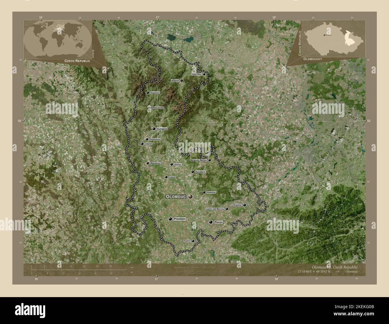 Olomoucky, region of Czech Republic. High resolution satellite map. Locations and names of major cities of the region. Corner auxiliary location maps Stock Photo