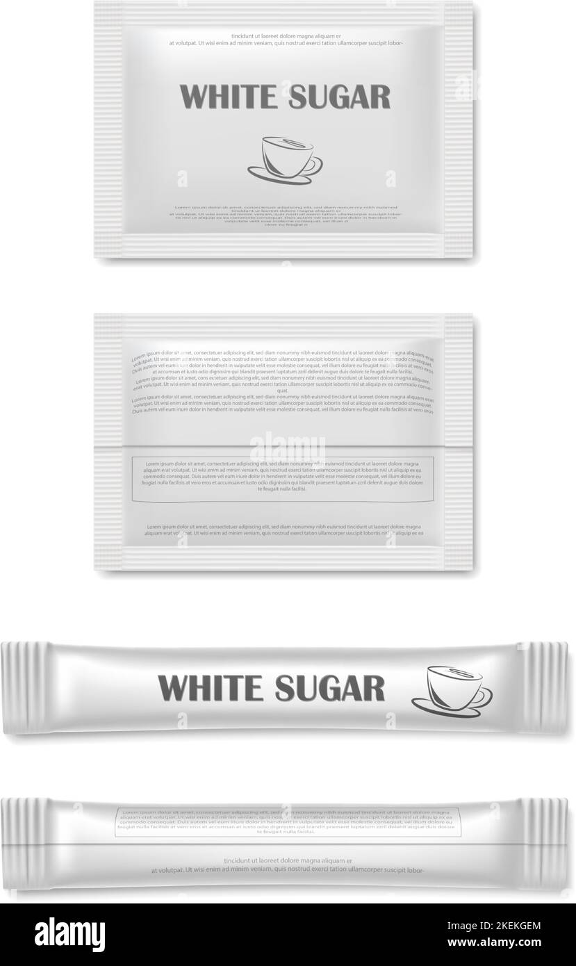 realistic vector icon illustration. Rectangular sugar sachet. Cane and white sugar. Front and back view. Stock Vector