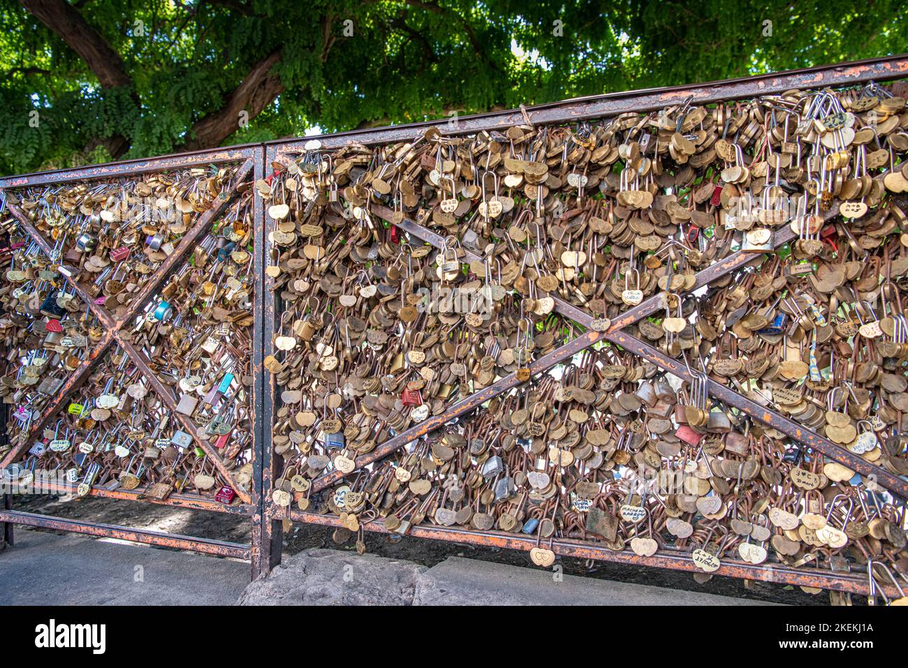 Padlocks Love locks on a chain link fence in Paris, France Stock