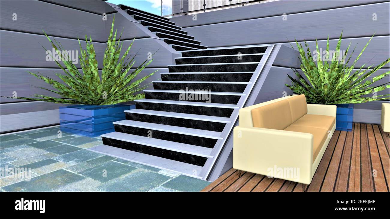 Metal stairs up from the rest zone. Aluminium facade. Baige soft sofa ...