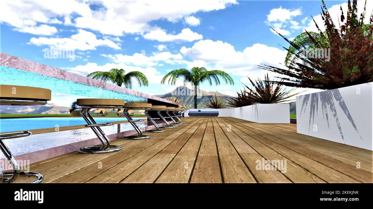 Terrace Zonal Terrace board flooring in a relax zone with steel chairs and long ...