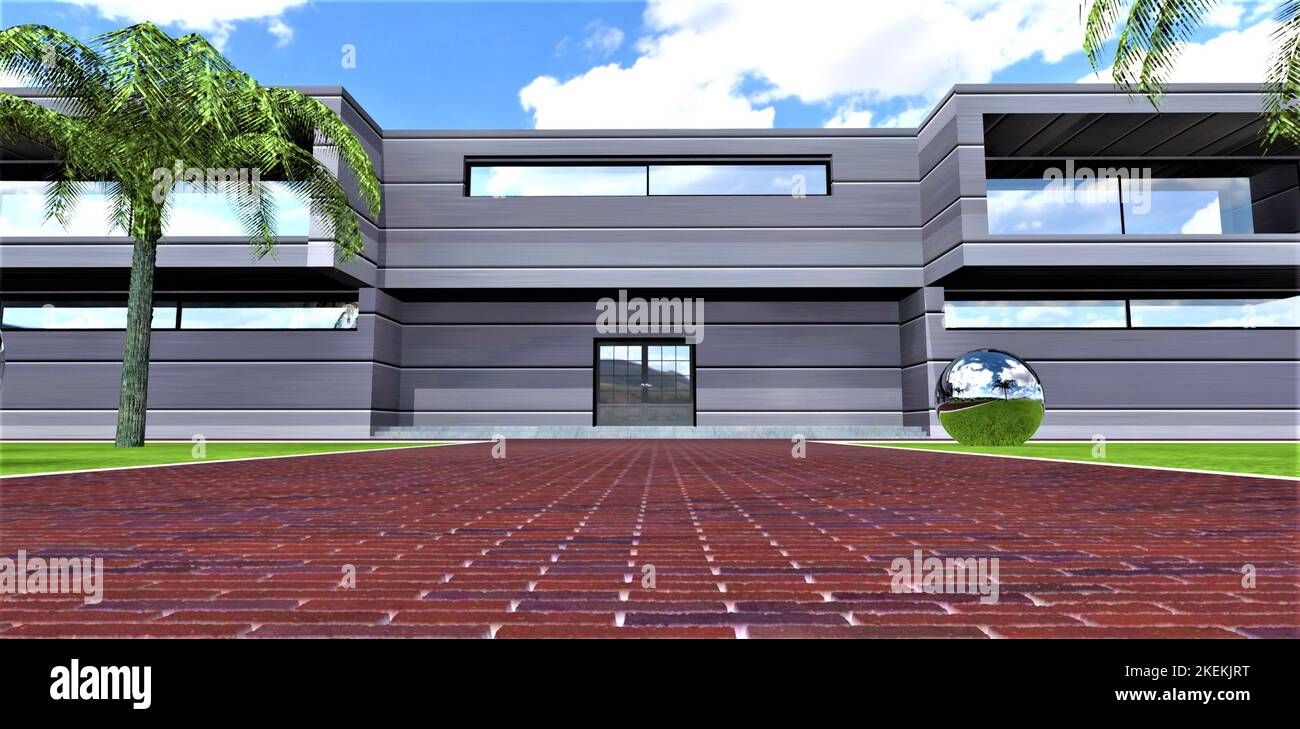 Red brick tile walkway to the porch of the contemporary dwelling with ...